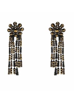🌼 ZARA Jewel Flower Earrings – Gold & Black Crystal Fringe Drops 🌼